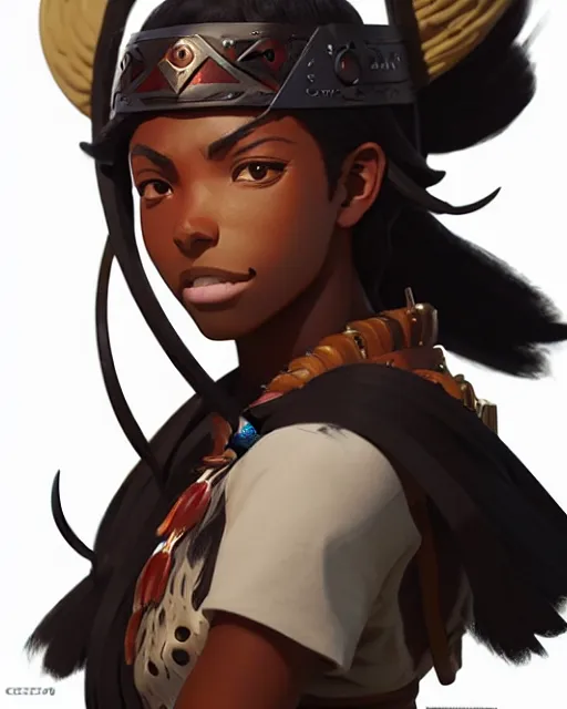 Prompt: azctec warrior, ( coco jones ), detailed perfect face, exquisite details, fire magic, mid view, design on a white background, by studio muti, greg rutkowski makoto shinkai takashi takeuchi studio ghibli