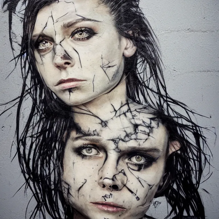 Image similar to Street-art portrait of The Girl with the Dragon Tattoo in style of Etm Cru, photorealism