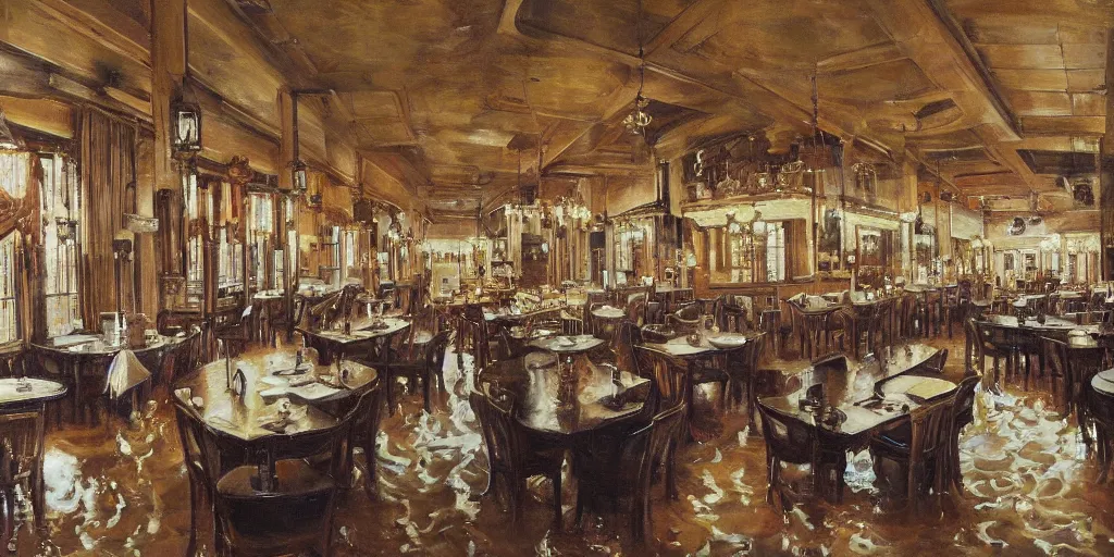 Prompt: huge dining saloon flooding, water sloshing around, bird's eye view, cinematic wide shot, high detail, realist painting