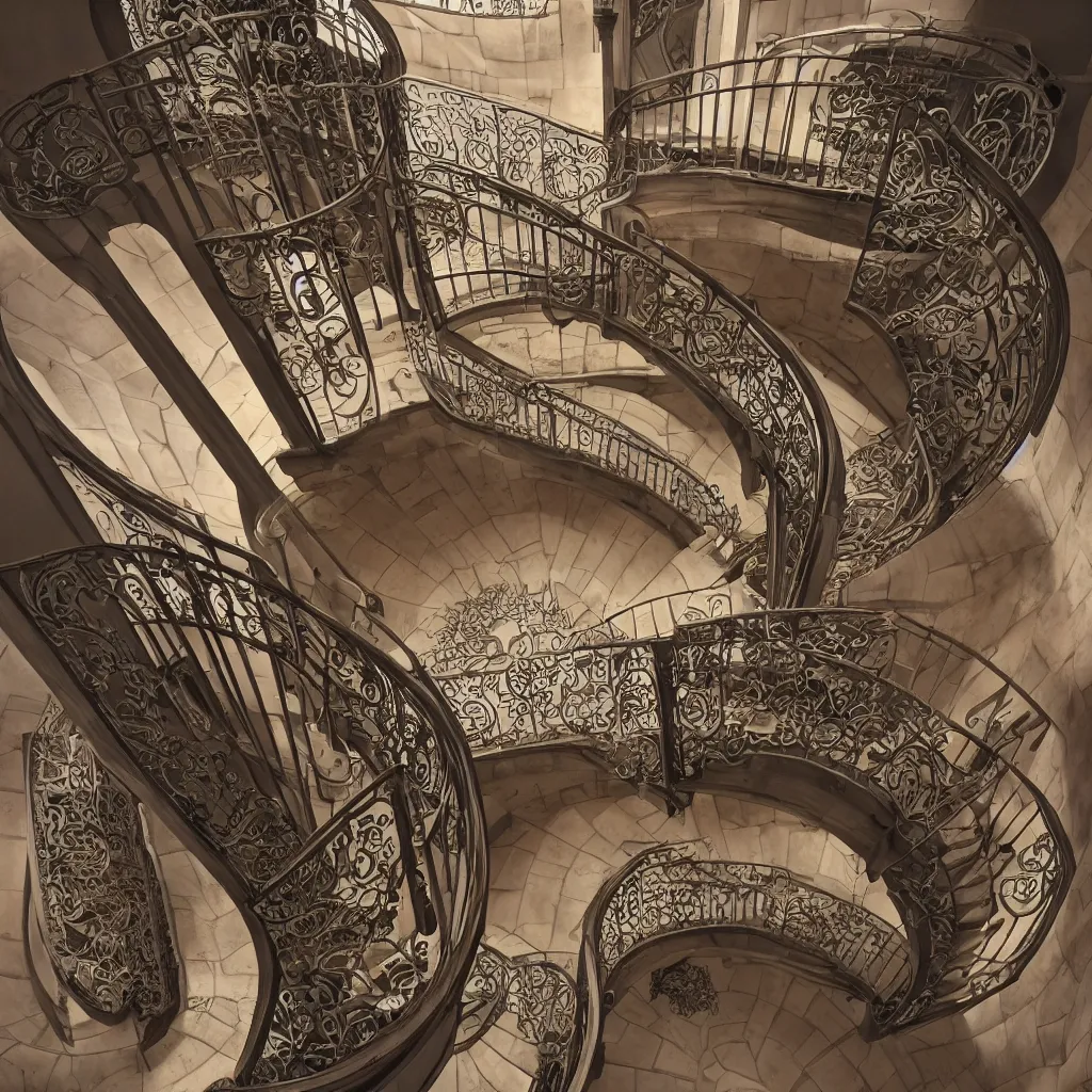 Image similar to a realistic art - nouveau spiral staircase. dark stairs. tall building, seen from the top. realistic shadows of cats. detailed, octane render, hyperrealistic, very coherent, hyper realism, high detail, octane render, 8 k