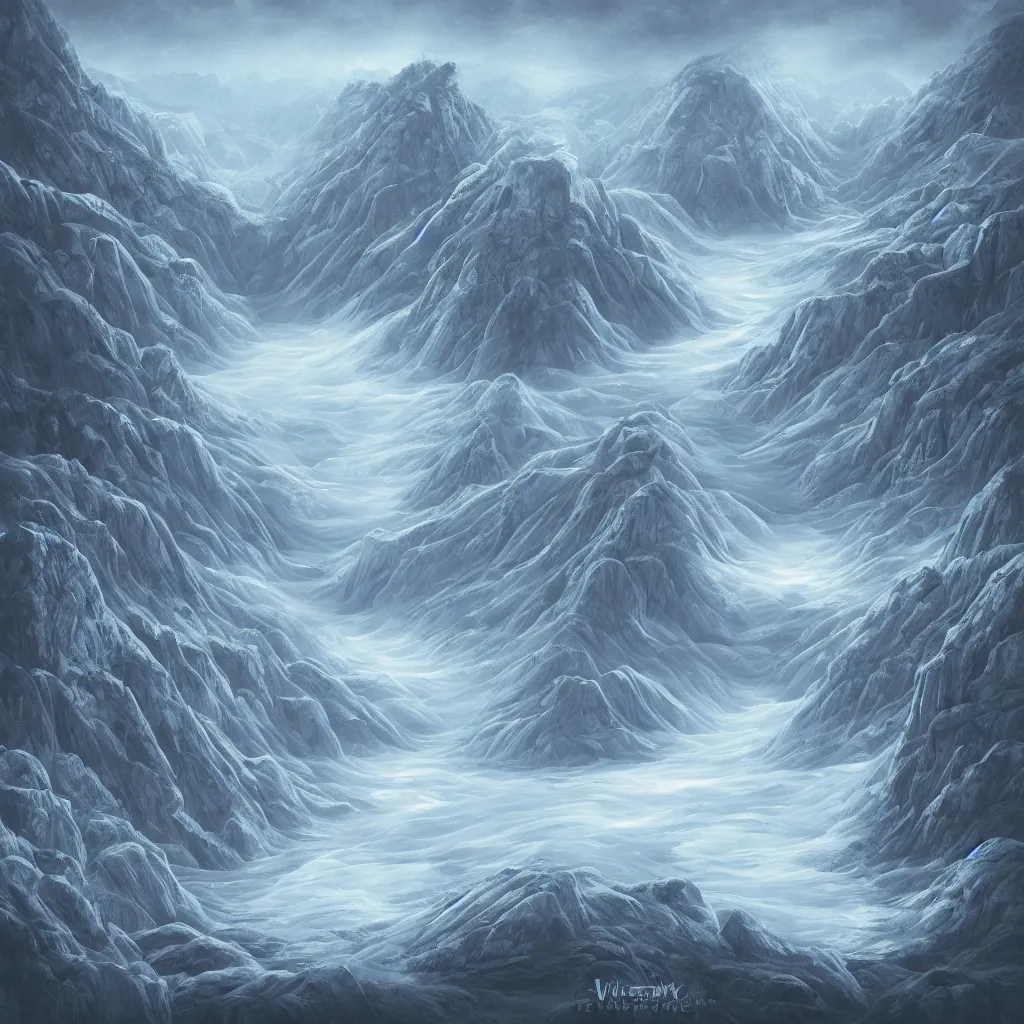 Image similar to valley of the glacial whispers, minimal digital art with border graphics. no text, no watermarks, music album art.