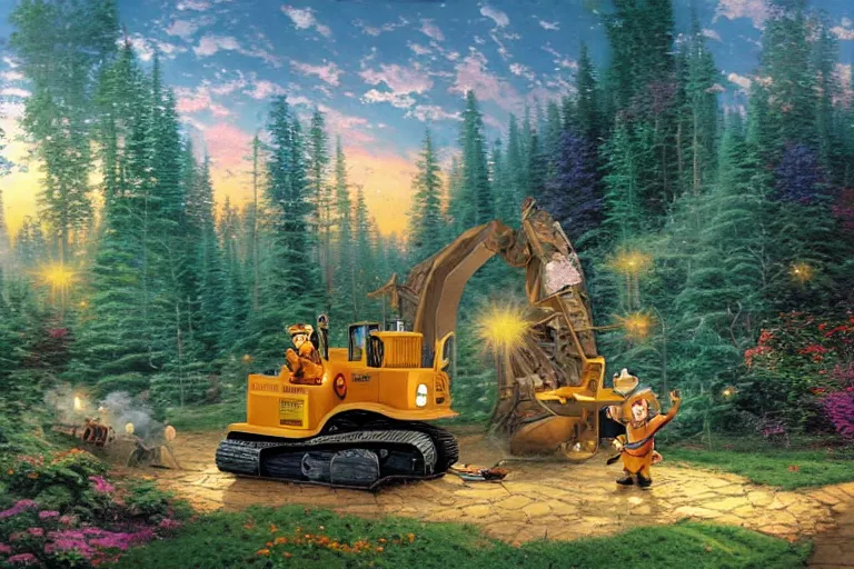 Prompt: thomas kinkade painting of bob the builder in a bulldozer knocking trees down, smokey the bear throwing spears at him