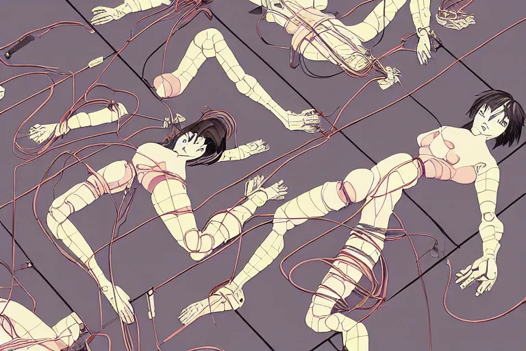 Prompt: a magazine cover illustration of a group of female androids' body parts with cables and wires coming out lying scattered over an empty floor, by masamune shirow, hajime sorayama, moebius, xsullo, james jean, murakami takashi and katsuhiro otomo, view from above, minimalist, hyperdetailed, super rich, studio ghibli golden color scheme, lasers, sparkles and fairies flying around, crazy and a bit weird