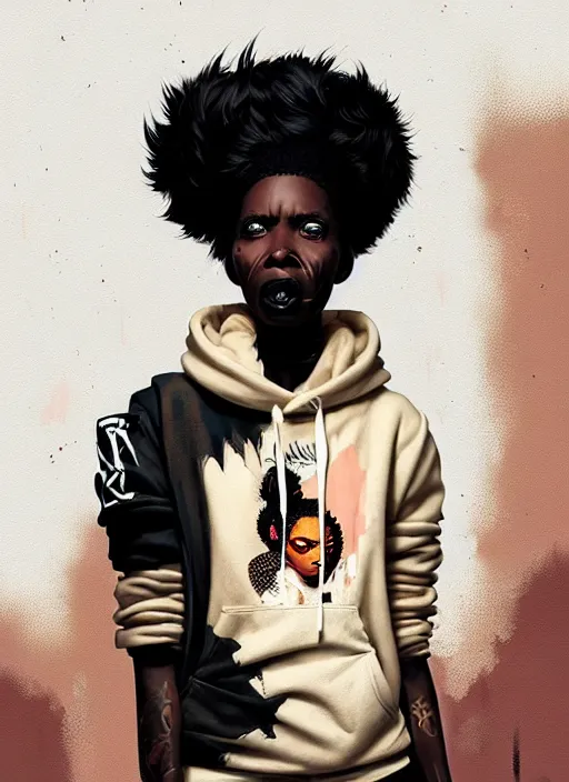 Image similar to highly detailed portrait of a sewer punk african lady, tartan hoody, white afro hair by atey ghailan, by greg rutkowski, by greg tocchini, by james gilleard, by joe fenton, by kaethe butcher, gradient peach, brown, blonde cream and white color scheme, grunge aesthetic!!! ( ( graffiti tag wall background ) )