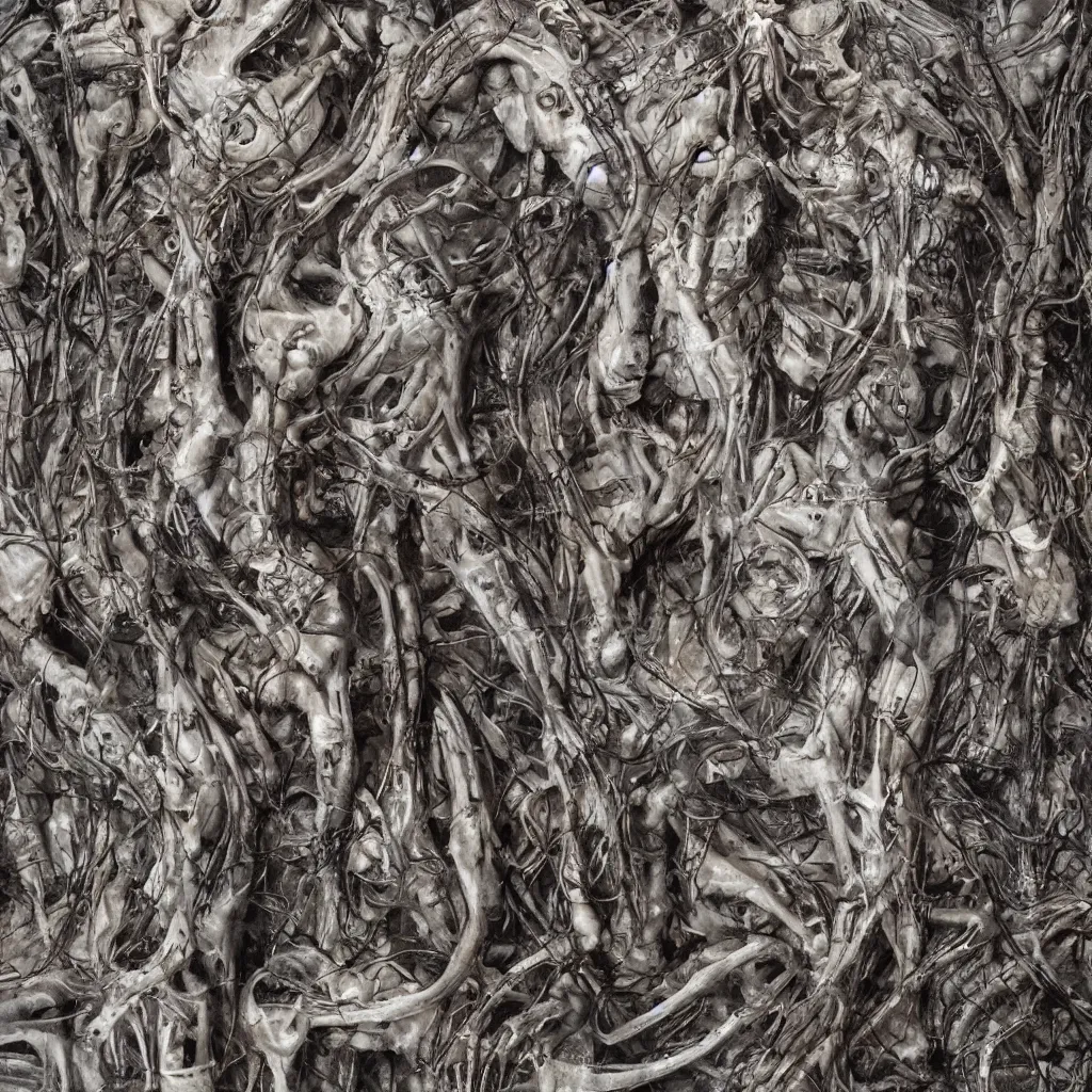 Image similar to realistic shot bloody bones, organs and flesh, biomechanical technology, natural light, by h r giger