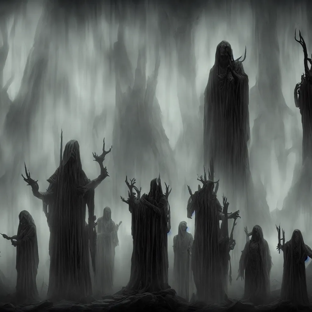 Prompt: matte painting members of a blood cult summon a deity, dark and mysterious, atmospheric, ominous, eerie, cinematic, cinematic, 4k, ultra detail, ultra realistic