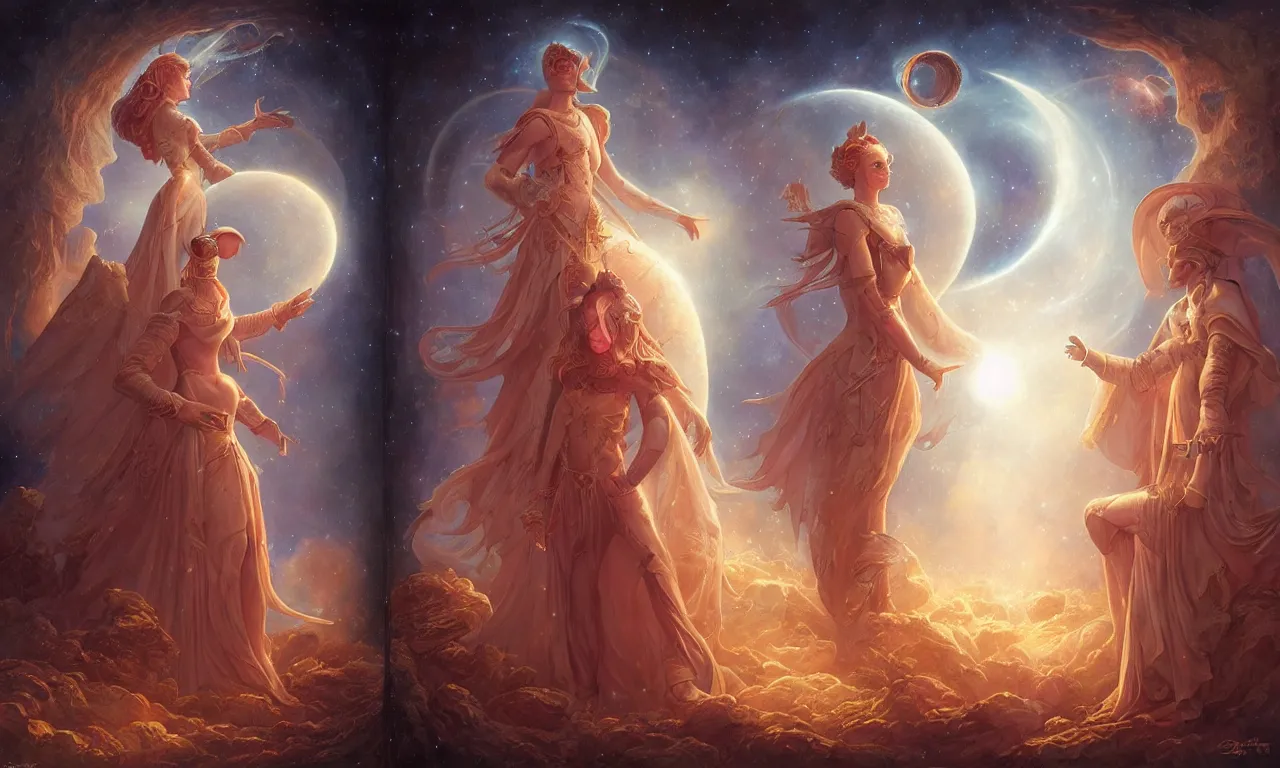 Image similar to sun king and moon queen in the cosmic court of mystical astronomy, art by tom bagshaw and marc simonetti