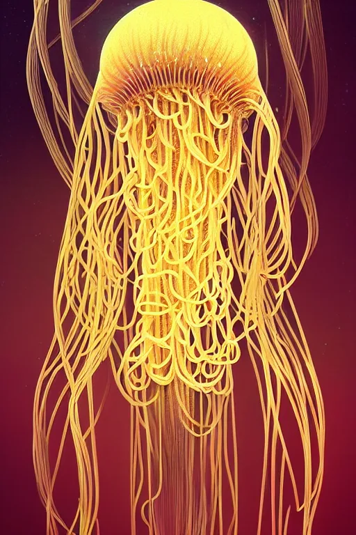 Image similar to beautiful spaghetti jellyfish, ethereal art deco, fantasy, intricate art deco pasta designs, elegant, highly detailed fractals, sharp focus, art by artgerm and beeple and greg rutkowski and wlop