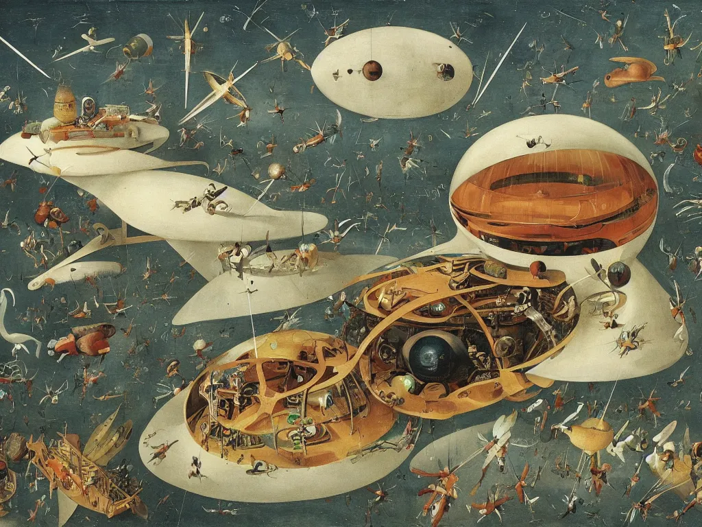 Prompt: dream bot mothership above a giant forehead. painting by bosch, walton ford