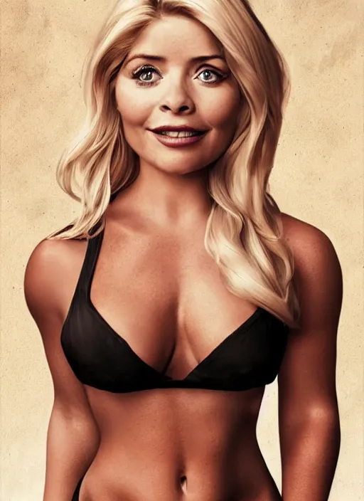 Prompt: holly Willoughby with the physique of a body builder, full body, symmetrical facial features, eye contact, hyper realistic, ultra detailed, cinematic, dynamic lighting, photorealistic, refined, intricate, digital art, digital painting, masterpiece, 8k