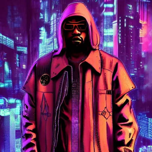 Prompt: cyberpunk kanye west character art, epic background, epic composition, hdr, full body gauche painting, arcane art style