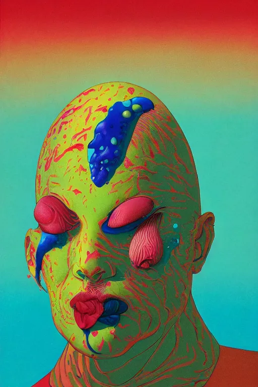 Prompt: a colorful vibrant closeup portrait of a kiss make - up licking a tab of lsd acid on his tongue and dreaming psychedelic hallucinations, by kawase hasui, moebius, edward hopper and james gilleard, zdzislaw beksinski, steven outram colorful flat surreal design, hd, 8 k, artstation