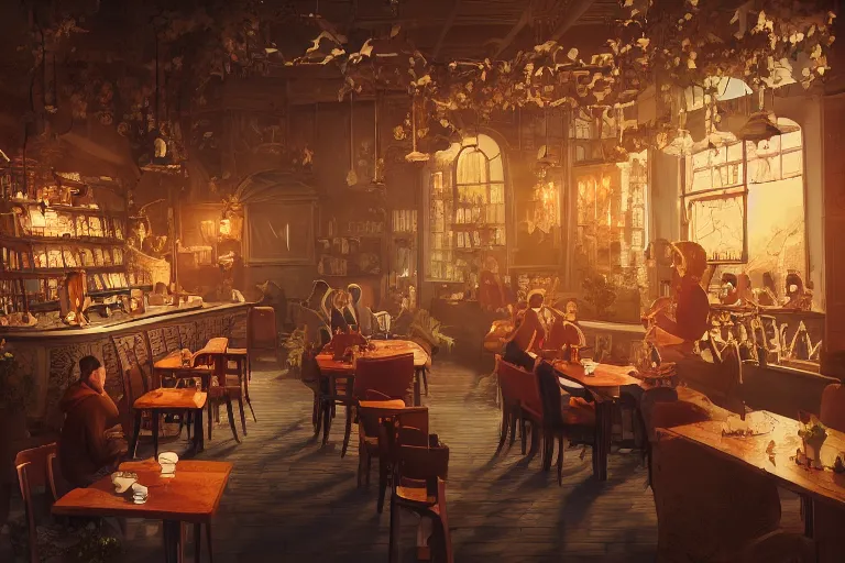 Image similar to a storybook illustration of inside a coffee shop, hyper realistic, ambient lighting, concept art, intricate, hyper detailed, smooth, dynamic volumetric lighting, octane, raytrace, cinematic, high quality, high resolution, 4 k