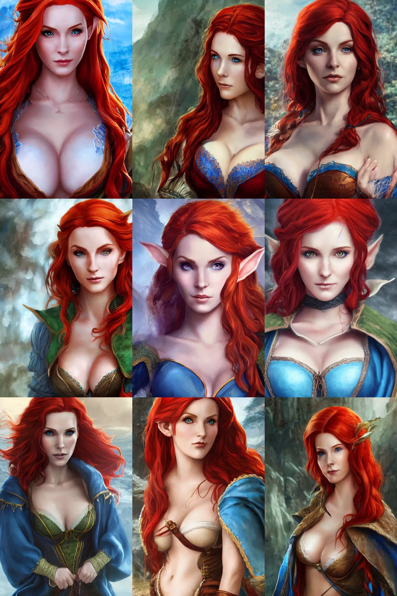 Prompt: alluring highly detailed closeup matte painting portrait of beautiful elf ( triss from witcher 3 ) with porcelain skin flowing red hair wearing chesty adventurer's outfit and a long blue cloak, very detailed, realistic, manga, matte, heavy brush strokes, stanley artgerm lau