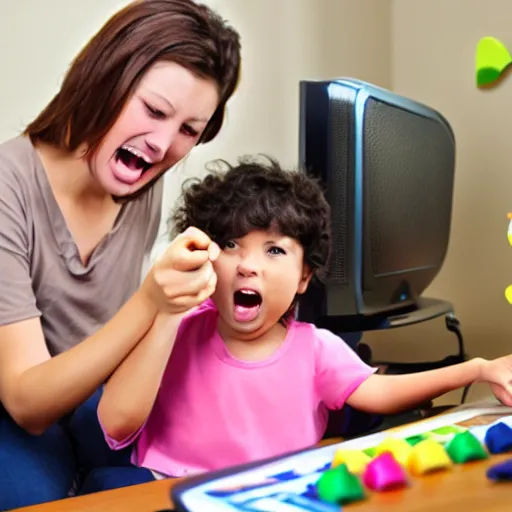 Prompt: Mother shout on her child who play computer games