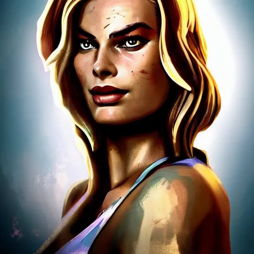 Image similar to margot robbie portrait, borderlands, tales from the borderlands, the wolf among us, comic, cinematic lighting, studio quality, 8 k