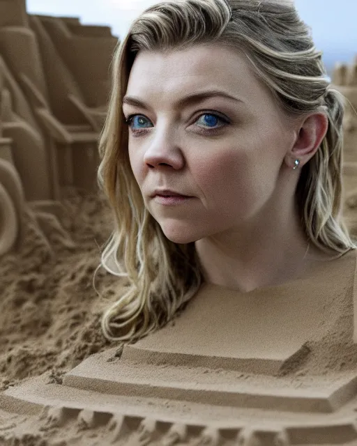 Prompt: a detailed sandcastle with the face of natalie dormer