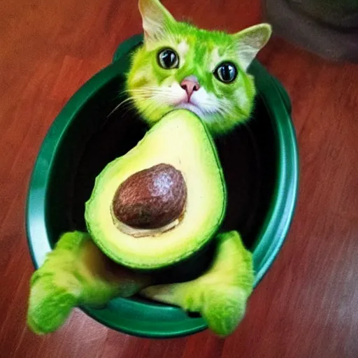 Prompt: half cat half avocado creature