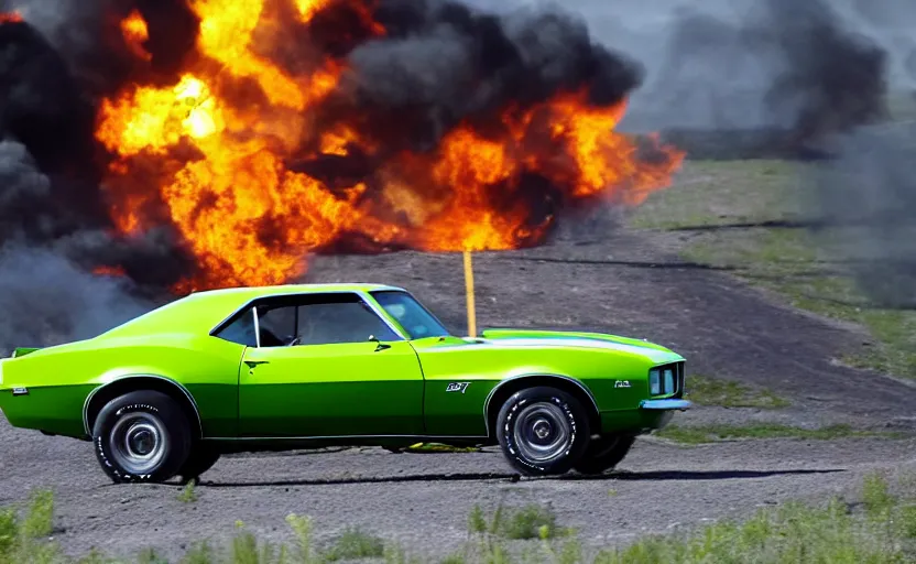 Image similar to a green 1 9 6 9 chevrolet camaro zl driving i high speed, fire explosion in the background