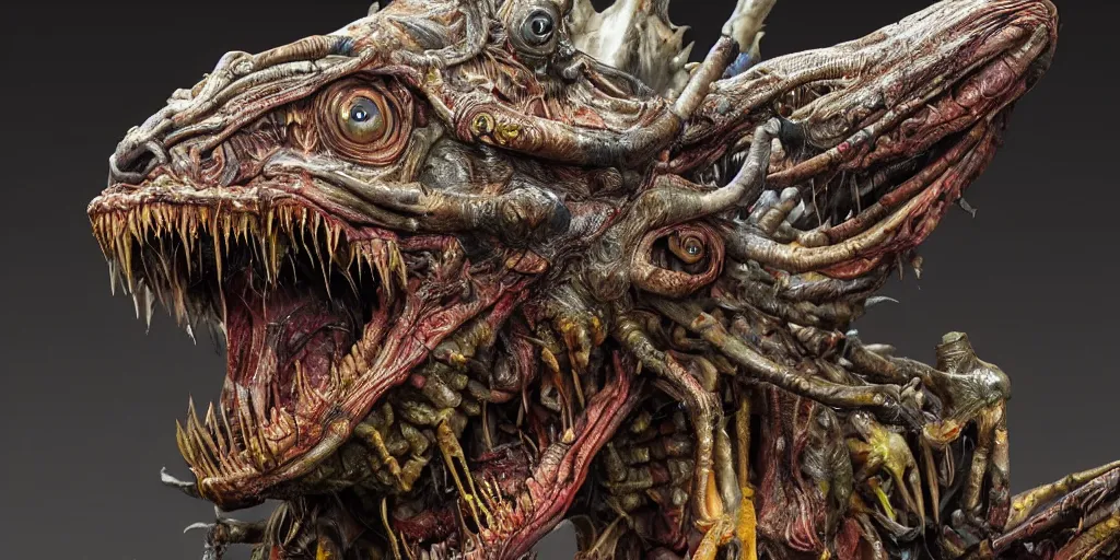 Image similar to photo taken of an epic intricate, ultra detailed, super realistic gritty, hero prop, exquisitely painted animatronic movie prop of a grotesque nightmarish hellish alien creature displayed in the workshop, created by weta workshop, full body shot, photorealistic, sharp focus