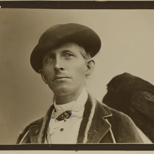 Image similar to A 1900 photography of a colonial explorer wearing bauhaus cloth next to a eagle