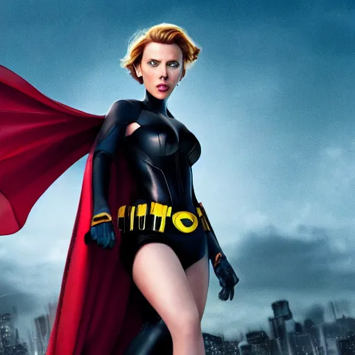 Image similar to scarlett johansson's batman, full pose, with cape, cape, cape, full length body shot, in a serene foreground, in a serene background