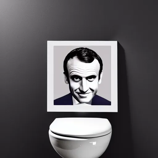 Image similar to toilet with Emmanuel Macron face printed on it, white borders, 50mm photography, high quality, 4K