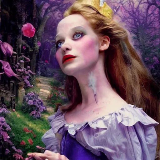 Prompt: realistic portrait beautiful painting from Alice in Wonderland film when human mutate into a vampir. Horror, created by Thomas Kinkade.