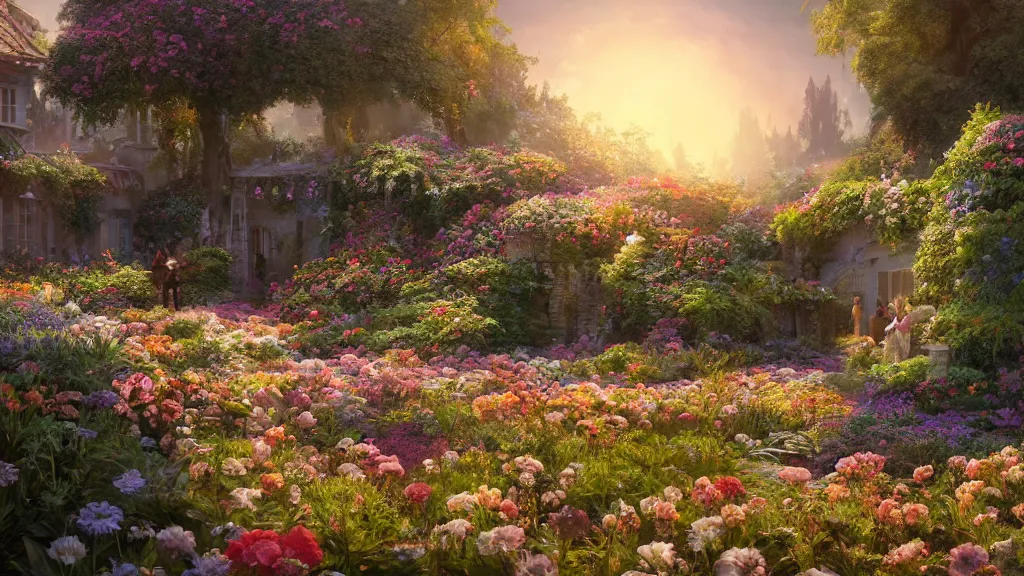 Image similar to a photorealistic hype realistic render of an interior of a beautifully decorated flower garden by pixar, greg rutkowski, wlop, artgerm, dramatic moody sunset lighting, long shadows, volumetric, cinematic atmosphere, octane render, artstation, 8 k