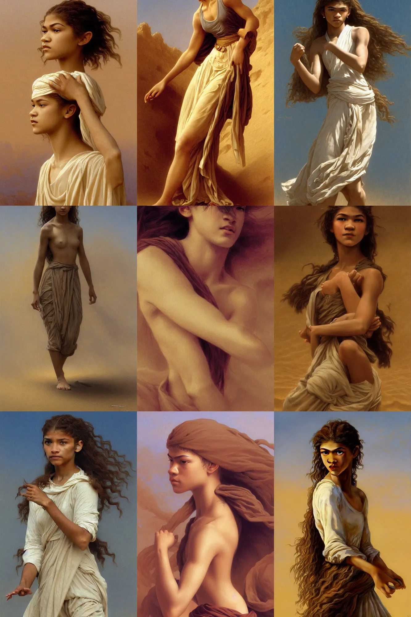 Prompt: girl Zendaya in sandstorm, photorealistic, epic light, Barefoot, insanely detailed in the style of William Adolphe Bouguereau, Tan skin