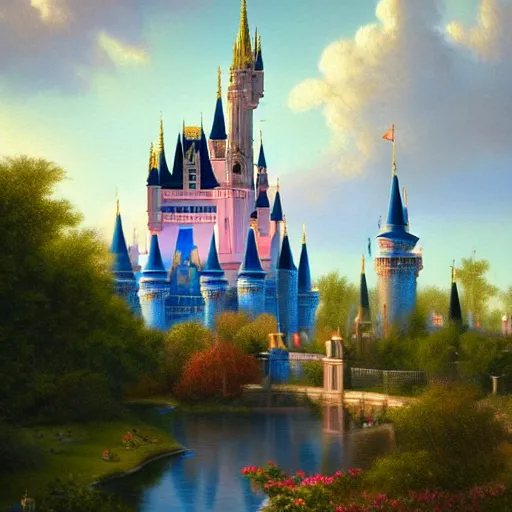 Prompt: Cinderella Castle at Magic Kingdom, beautiful detailed landscape painting in the style of 19th century Hudson River school of Art