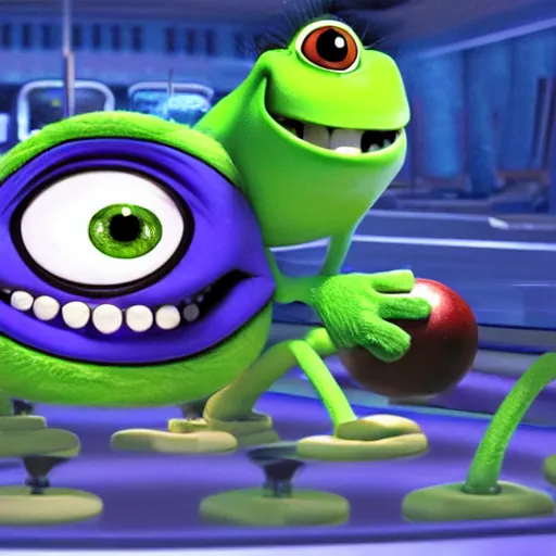 Prompt: a drawing of Mike wazowski sat inbetween a set of bowling balls, on a rack, at the bowling alley, Pixar animation, dynamic lighting, portrait, detailed, cinematic, 4k
