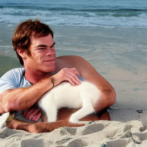 Prompt: dexter morgan snuggling a kitten on the beach in miami high resolution award winning photo