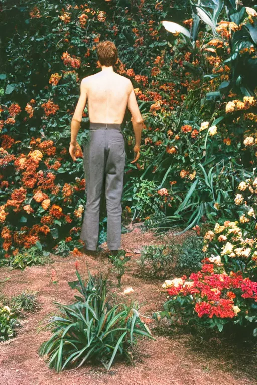 Prompt: kodak ultramax 4 0 0 photograph of a skinny guy standing in an exotic garden, back view, grain,