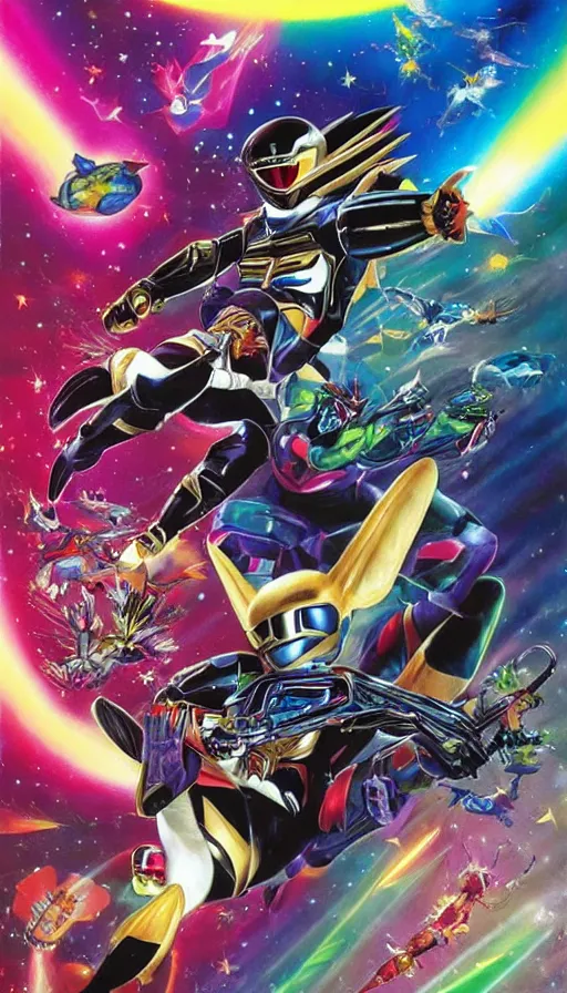 Image similar to stephen Hawkins as power ranger fighting gremlins vs mothra art by Noriyoshi Ohrai and Lisa Frank