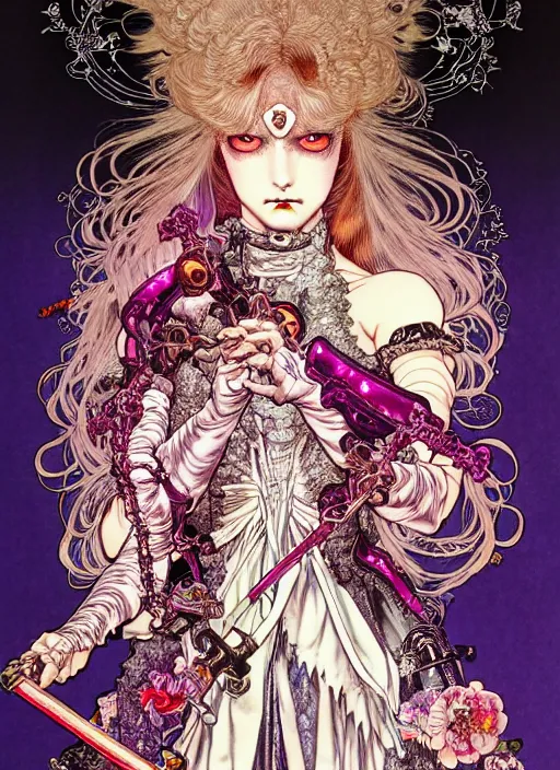 Image similar to highly detailed terada katsuya artstation ayami kojima manga poster of princess mechine enraged damaged angry zombie, rainbow gradient reflection, long hair, armor, dress, laces, ruffles, 8 k, maximalist,, jump comics, tomer hanuka, alphonse mucha