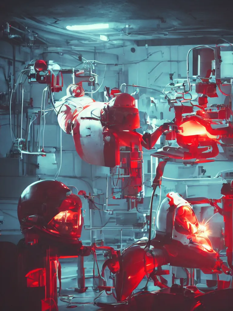 Prompt: futuristic race car mechanics with astronaut helmets on their heads!! welding surgery on a huge mickey mouse doll head that is dripping blood from cheek! red netflix neon office sign in background, beeple!!, minimal, movie still in in private car garage, dystopian