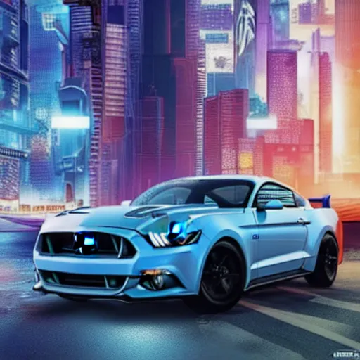 Image similar to ford mustang in cyberpunk city