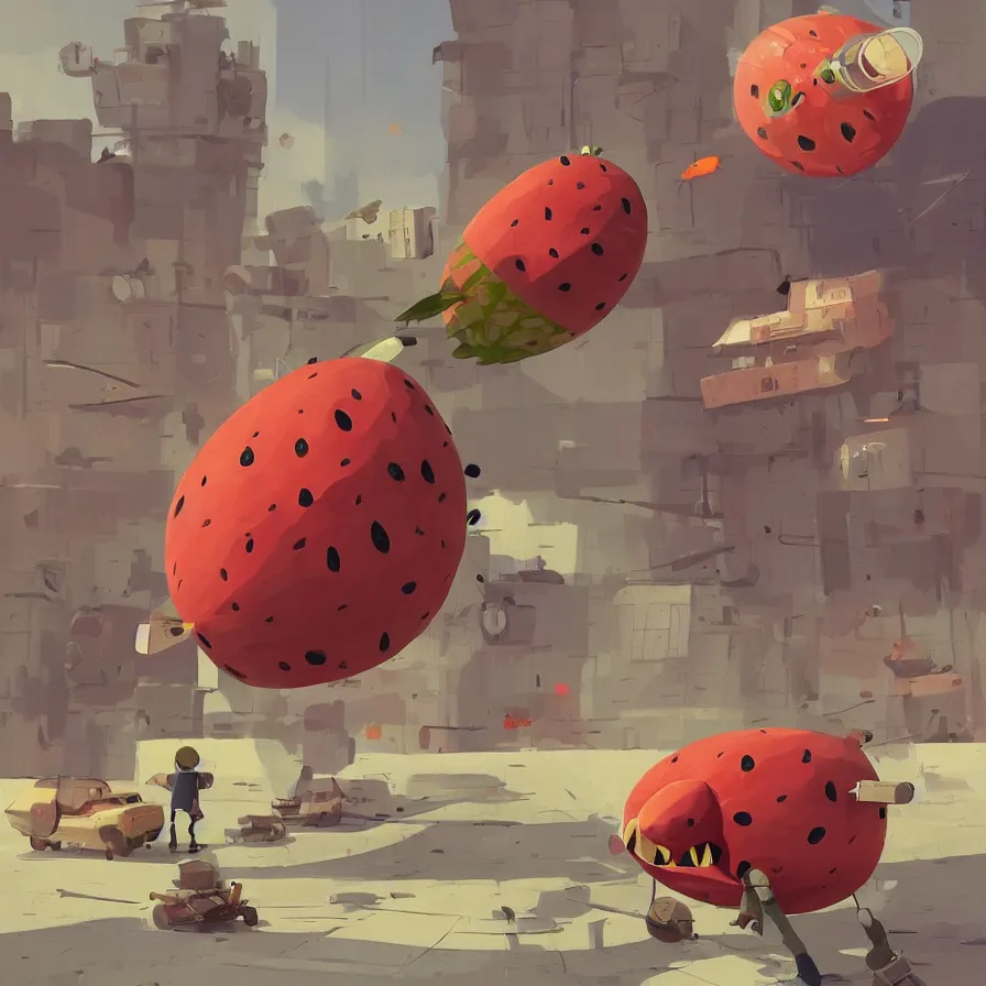 Prompt: Goro Fujita illustrating a watermelon military machine defending a city, art by Goro Fujita, sharp focus, highly detailed, ArtStation