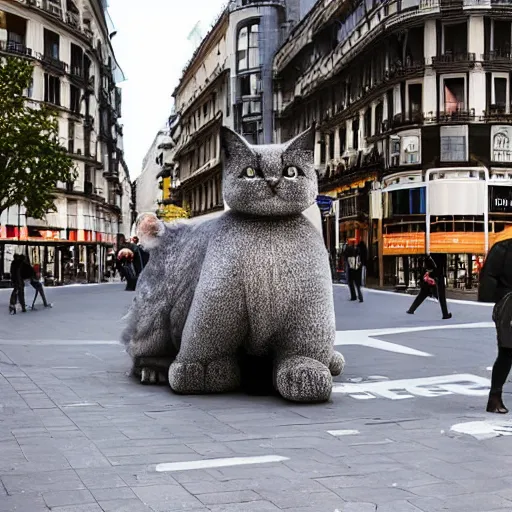 Image similar to A giant cat is walking through Gran Via in Madrid