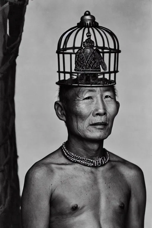 Prompt: photo portrait of a tibetan man with a birdcage through his body, by Annie Leibovitz, with a birdcage through his chest