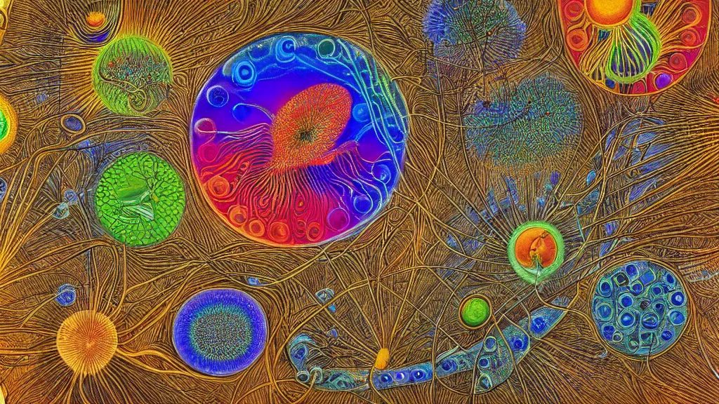 Prompt: quantum connections represented as symbiotic organisms like cells playing around with colorful lights by ernst haeckel, connectivity, sharp, realistic, magnetic