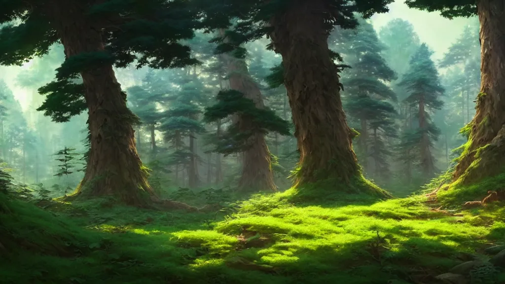 Image similar to forest clearing landscape, studio ghibli, pixar and disney animation, sharp, rendered in unreal engine 5, highly detailed, digital painting, artstation, concept art, smooth, sharp focus, illustration, wide angle, artbook, wallpaper, splash art, promo art, dramatic lighting, art by artgerm and greg rutkowski and bo chen and jin xiaodi