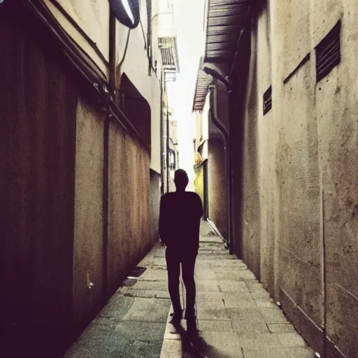 Image similar to a selfie of an unsuspecting person standing in an alleyway, a creepy figure can be seen in the background, slowly approaching