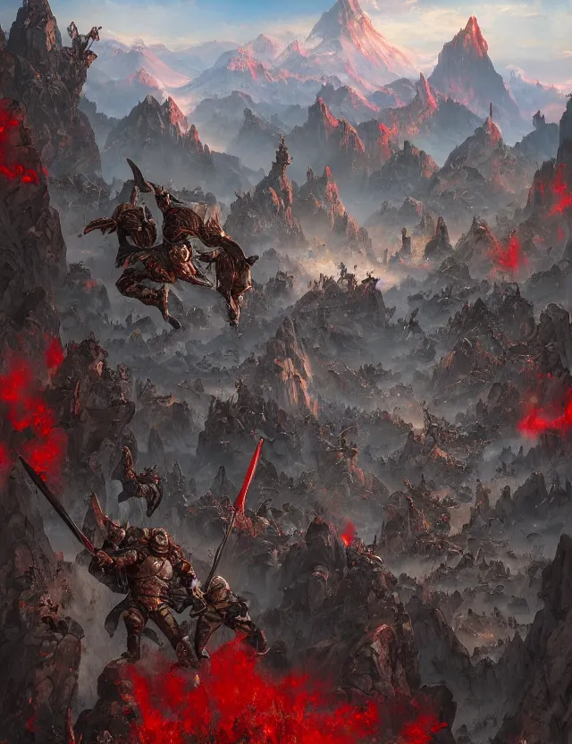 Image similar to wide angle shot from above of silver ornate armor slim handsome mma warriors in battle!!! mountains and giant gothic abbeys in the background, fine detail, 8 k, high contrast color scheme, blue at the background red at the foreground!!!, dynamic perspective, painted movie poster by greg rutkowski and peter mohrbacher