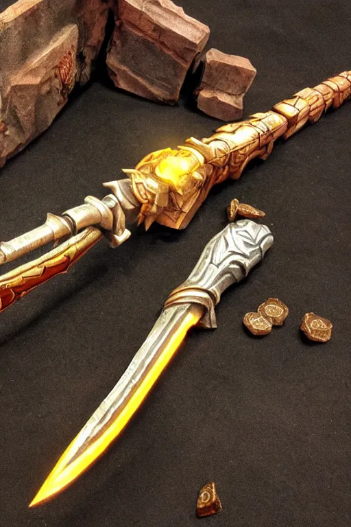 Image similar to rpg, d & d, league of legends, hearthstone, world of warcraft, realistic, fantasy, golden weapon,