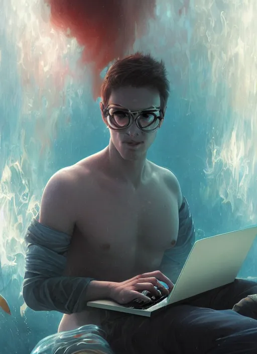 Prompt: close-up of character concept portrait of internet hacker hacking a laptop under water, submerged in aqua water, a floating iridescent fire behind him from God of War, intricate, elegant, digital painting, concept art, smooth, sharp focus, illustration, by WLOP and Ruan Jia and Mandy Jurgens and William-Adolphe Bouguereau, Artgerm