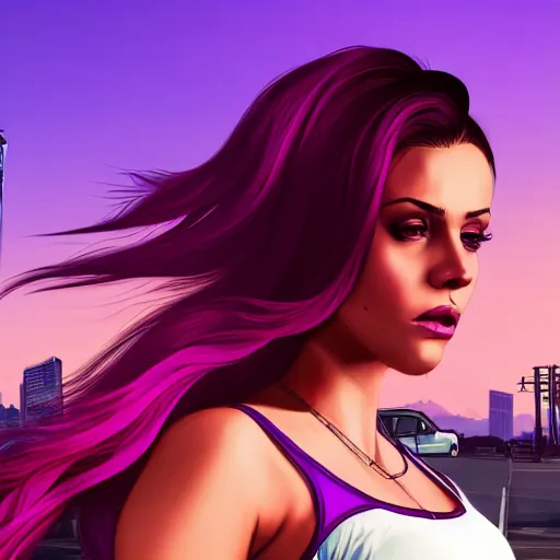 Image similar to a stunning GTA V loading screen with a beautiful woman with ombre hairstyle in purple and pink blowing in the wind, city streets, golden ratio, digital art, trending on artstation