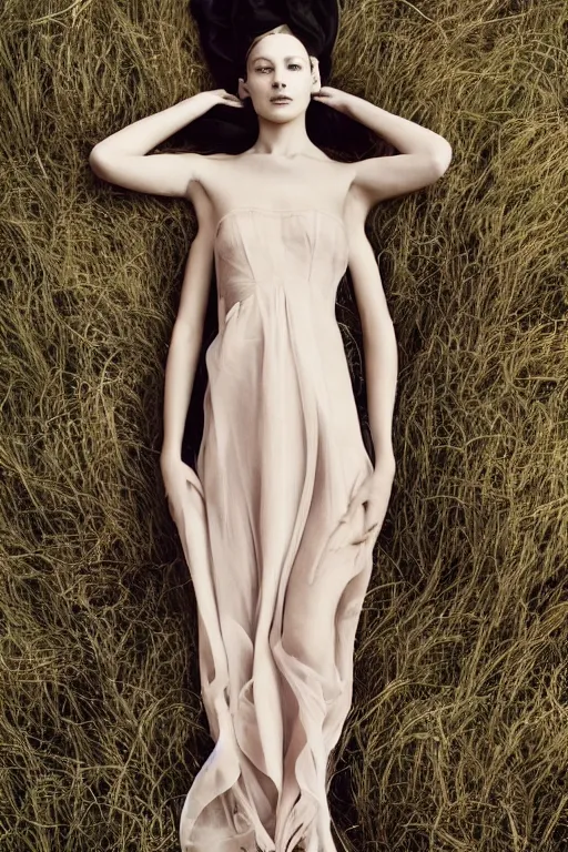 Prompt: a full body portrait of a beautiful girl covered by monia merlo featured in vogue and gq editorial fashion photography, beautiful eye, symmetry face, haute couture dressed by givenchy and salvatore ferragamo