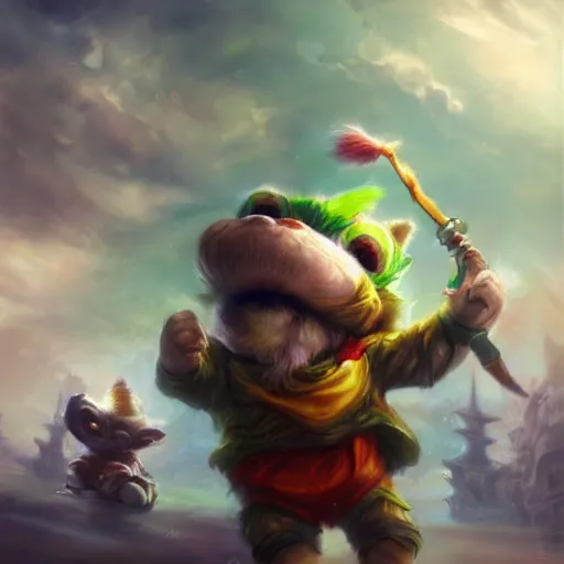 Prompt: teemo from league of legends, epic scene, paint by Raymond Swanland